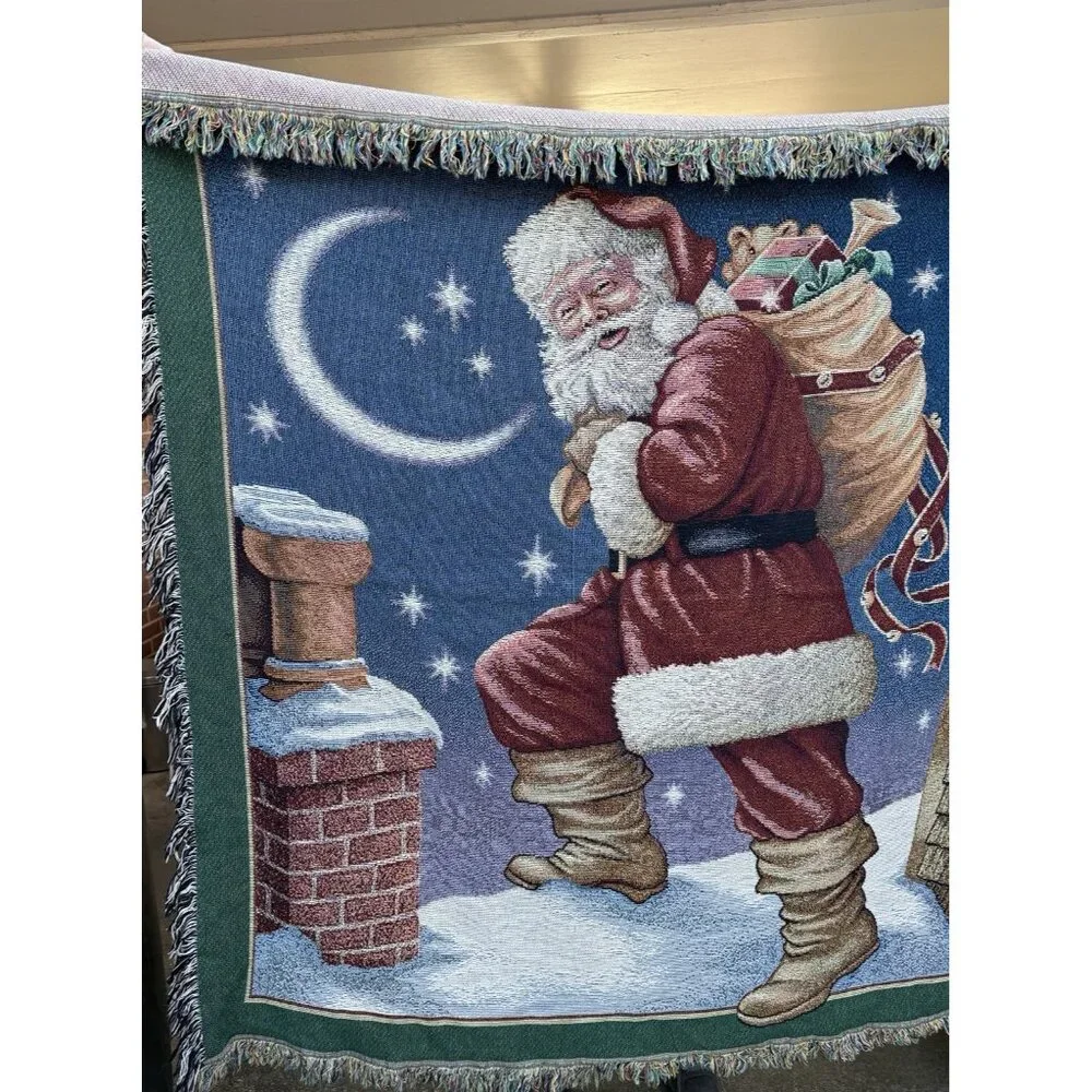 Tapestry Throw Santa Claus Rooftop Bag Toys Blanket Farmhouse CottageCore 60x62
